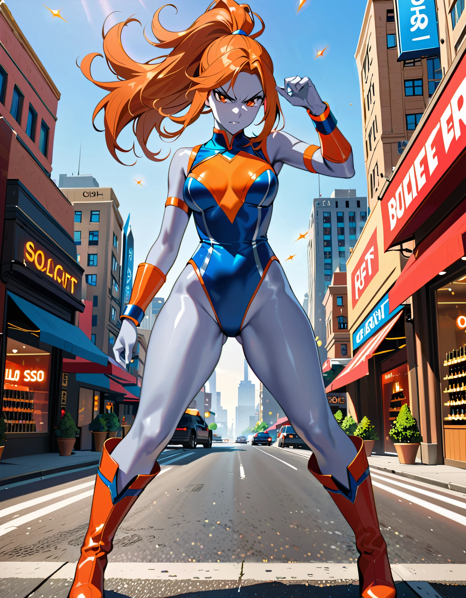(masterpiece), (best quality), (high res), 1lady, tall body, finger proportions coordination, highly detailed, professional, (((silver skin))), beautiful detailed eyes, beautiful detailed face, perfect hands, complete fingers, (red wristbands), perfect anatomy, perfect proportions, (orange hair with orange accents, long hair, ponytail hair), (orange eyes), (two piece leotard, red leotard with blue accents, matching leotard, sleeveless), (bare legs), (boots, matching boots, thighhigh boots, blue boots), breasts, medium breasts, full body with costume, looking away, angry, v-shaped eyebrows, solo, solo focus. cowboy shot, city backdrop, jewelry store, outdoors. standing, powering up. intense atmosphere. bullets bouncing off her body, covered in a fierce circular red aura.