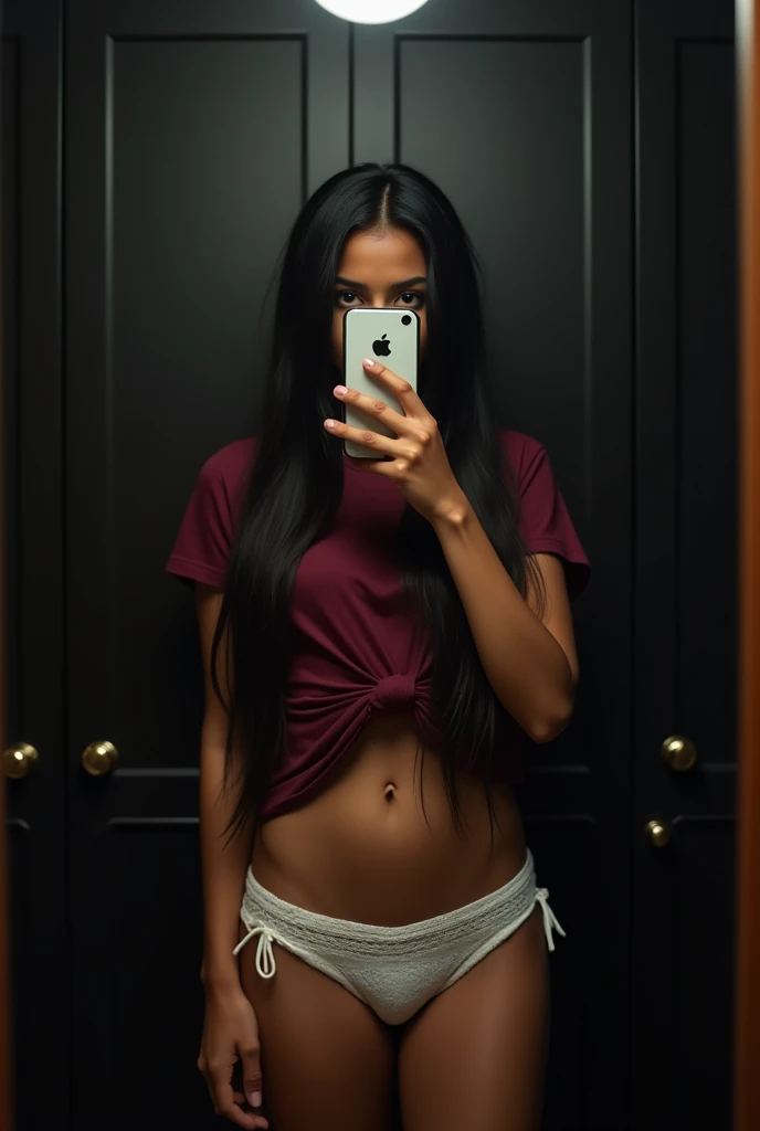 (photorealism:1.2), indian girl, brown body, long black straight hair, teen body, breasts hidden by hair, taking mirror selfie, sides of mirror not visible, iphone, phone covers face and eyes, phone vertical, front facing, full body shot, standing confidently, black wardrobe in the background, wardrobe covers the whole background, wardrobe door closed, wardrobe kept parallel to mirror, sides of mirror hidden, lights out in room, very dim spotlight from top, white laced panty, maroon tshirt thrown on one hand