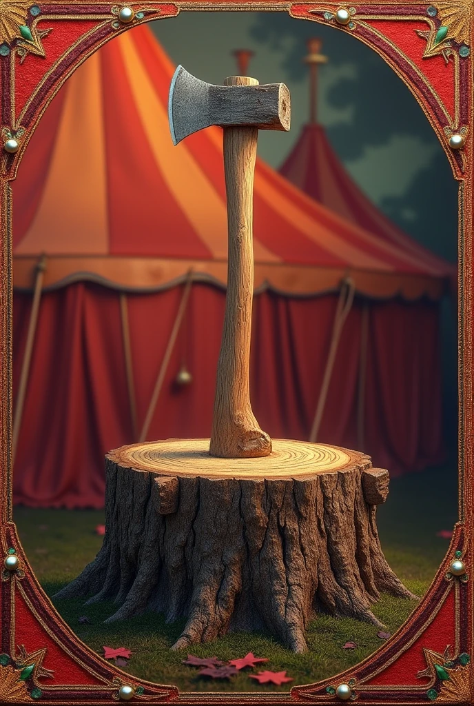 A round format canvas, warm colors background, circus tent, tree trunk with an axe stuck in it, embroidered edge, highly detailed, 4k, photorealistic, professional lighting, vivid colors, intricate embroidery pattern, detailed textures, dramatic shadows, dynamic composition