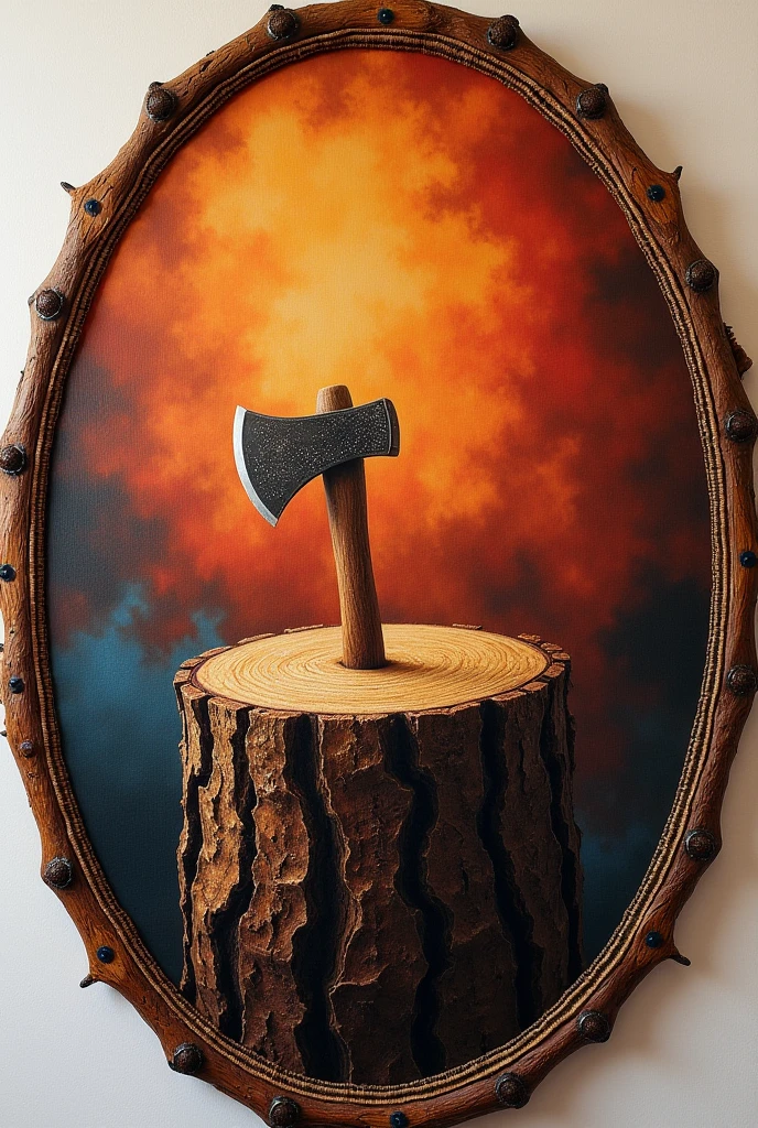 A round format canvas, warm colors background, circus tent, tree trunk with an axe stuck in it, embroidered edge, highly detailed, 4k, photorealistic, professional lighting, vivid colors, intricate embroidery pattern, detailed textures, dramatic shadows, dynamic composition