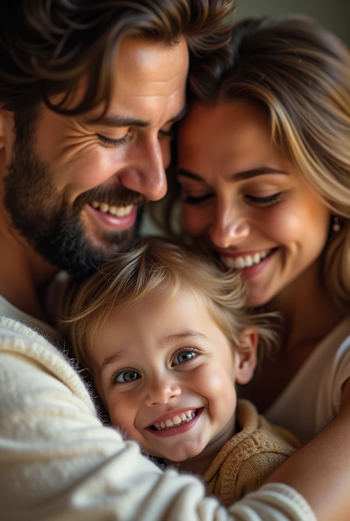 a happy family, embracing, loving, joyful expression, warm hug, intimate moment, heartwarming scene, tender affection, close relationship, cozy atmosphere, beautiful detailed eyes, beautiful detailed lips, extremely detailed eyes and face, long eyelashes, photo of a family, oil painting, realistic, photorealistic, 8k, best quality, masterpiece, ultra-detailed, vivid colors, warm lighting, soft focus, cinematic