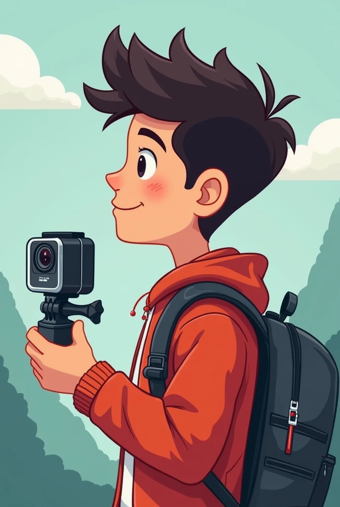 Profile of a young man traveling in China, cartoon face, holding a half-body GoPro camera.


