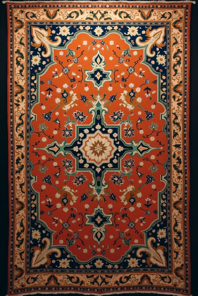 A Persian-style tapestry or rug with intricate designs, hinting at the cultural backdrop.