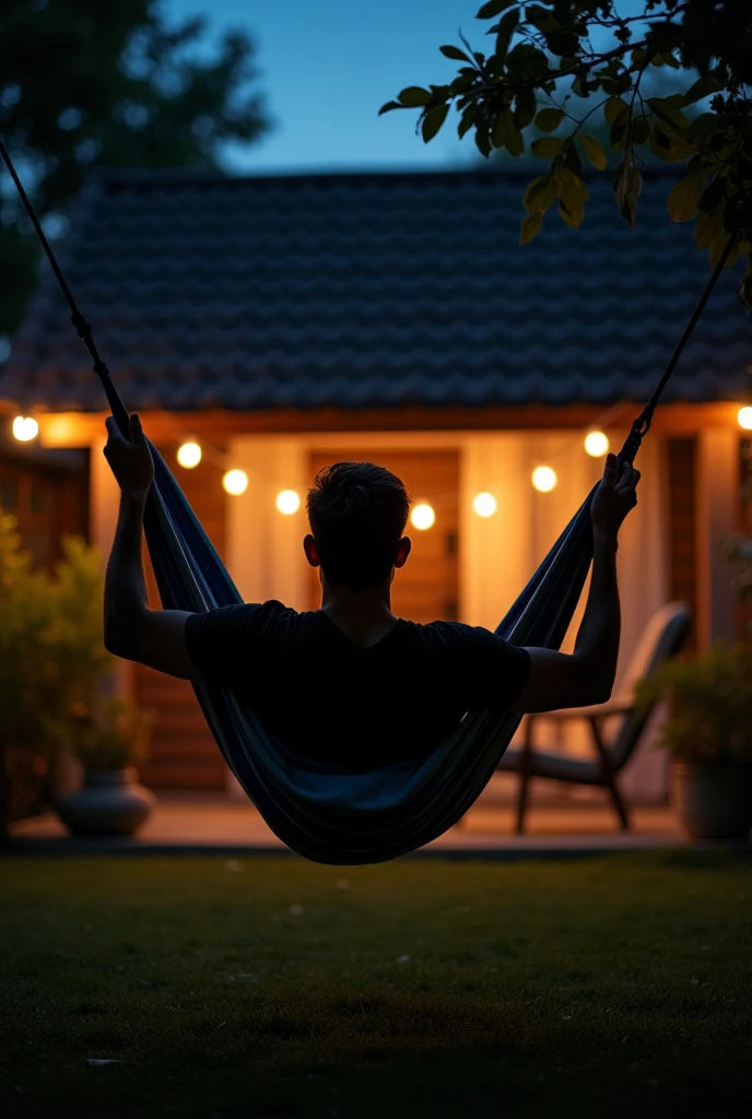 Man arriving at a hammock in his backyard at night