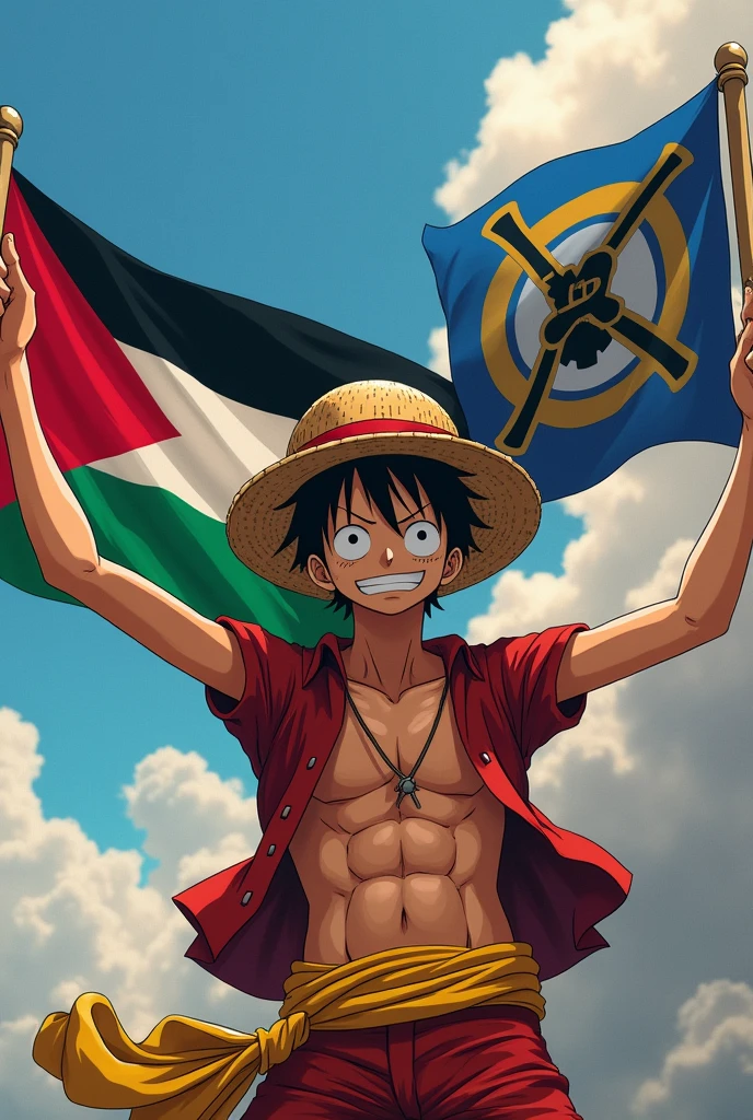 Luffy holds two flags, one of the world of Palestine and one with Ragnar's name on it.