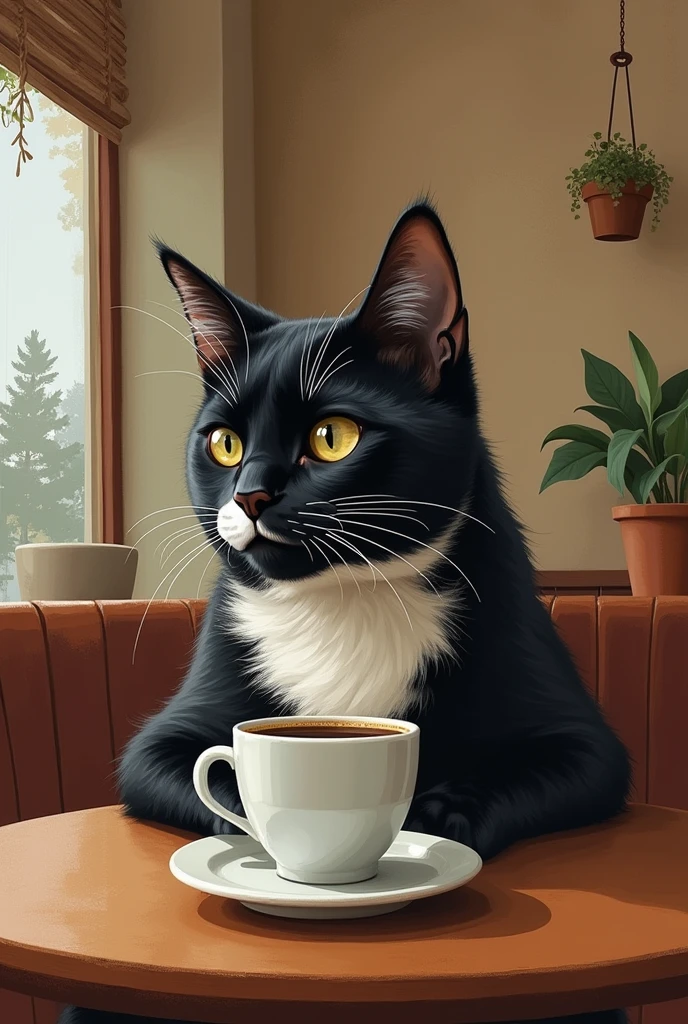 Cat drinking coffee in a coffee shop、art [By Esau Andrews]、A little more matte、Feels close to the real thing、American Shorthair、The feel of the painting、
