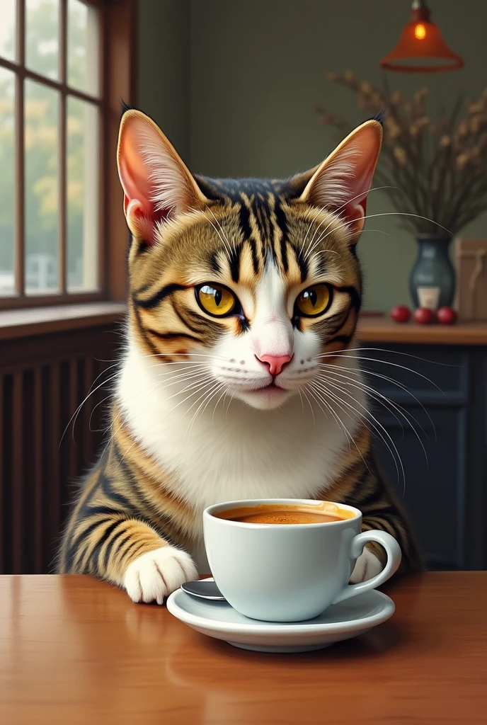 Cat drinking coffee in a coffee shop、art [By Esau Andrews]、A little more matte、Feels close to the real thing、American Shorthair、The feel of the painting、

