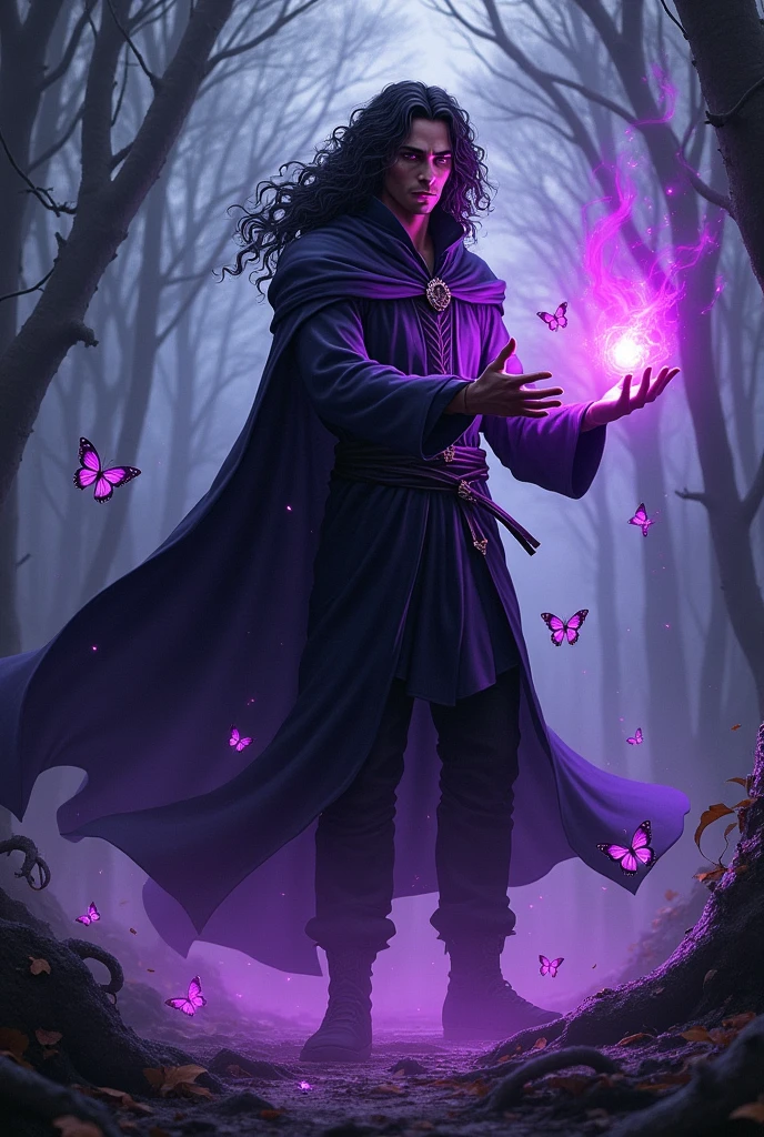 I wanted a wizard with dark purple eyes, dark skin, long curly hair, close but because of the magic, there are some purple highlights, your magic is elemental purple violet color, your outfit is black with some purple details, he wears a cape but it is not long, it goes up to the forearm, there are butterflies around him,he is being on the ground with his hand in the earth with his magic around him,the background is a completely dark forest, because of the chaos magic it is a little destroyed, kind of dark