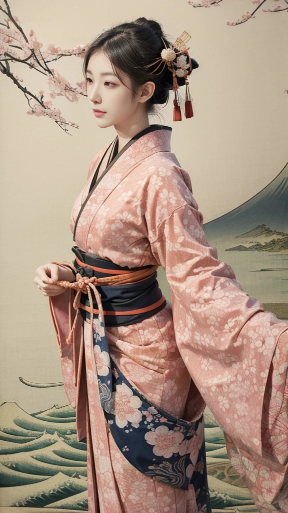 (background：Cherry blossoms on the mountain are covered with mist)((Ukiyo-e))japanese art,or period,tokyo art, lily,Natural landscape.(masseter membrane、top quality、Ukiyo-e style、mystery、Exquisite and beautiful、official art、Sharaku:1.2)、(1 japanese girl in:1.3)、(fractal art:1.3)、cowboy shooting、White skin、(beautiful brunette、kimono:1.2)、With Japanese traditional performing arts as the background、colorful、(reel、Belongs to Japanese style:1.2)、