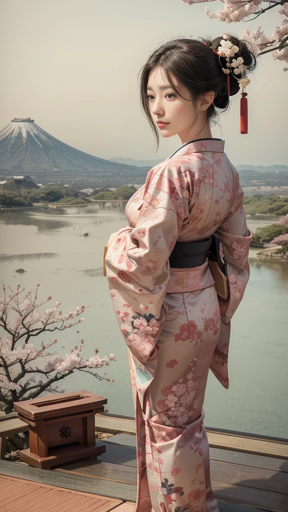 (background:Cherry blossoms on the mountain are covered with mist)((Ukiyo-e))japanese art,or period,tokyo art, lily,Natural landscape.(masseter membrane、top quality、Ukiyo-e style、mystery、Exquisite and beautiful、official art、Sharaku:1.2)、(1 japanese girl in:1.3)、(fractal art:1.3)、cowboy shooting、White skin、(beautiful brunette、kimono:1.2)、With Japanese traditional performing arts as the background、colorful、(reel、Belongs to Japanese style:1.2)、