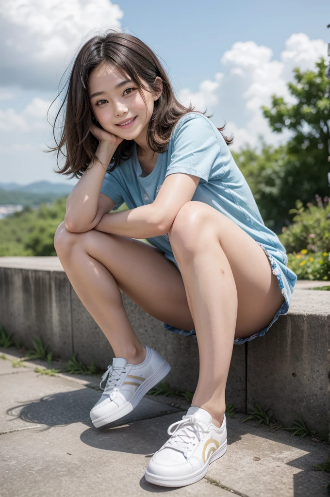 Pure Japanese girl, wearing summer casual fashion, sneakers, natural body, beautiful legs, natural hair styles, pure smile, professional portrait photography, 