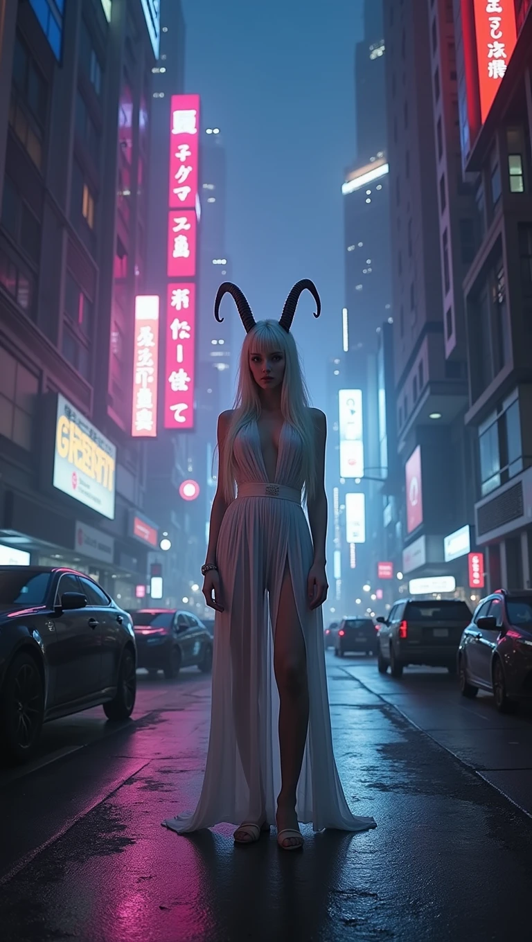 full body photo, woman standing naturally, posing naturally in the city, women looking at the viewer, facing the viewer, face visible, body facing camera, long skirt plain outfit, simple outfit, sfw outfit, outfit covers her legs and chest, outfit in black and white, white long hair flowing in the wind, with horns like goat, background is sci fi, dystopia, alien city, purple, blue, and pink lights, dark vibes, bloomy, lonely, final fantasy, futuristic, sci fi, low camera angle, fish eye