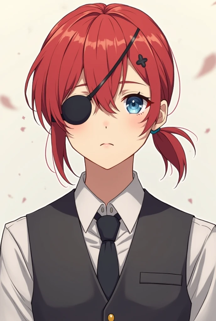 Draw a butler with red hair tied back and an eyepatch on one eye to make him more human, a young man with an eyepatch on only one eye, make him look more like an anime character, make him a young man around high school age