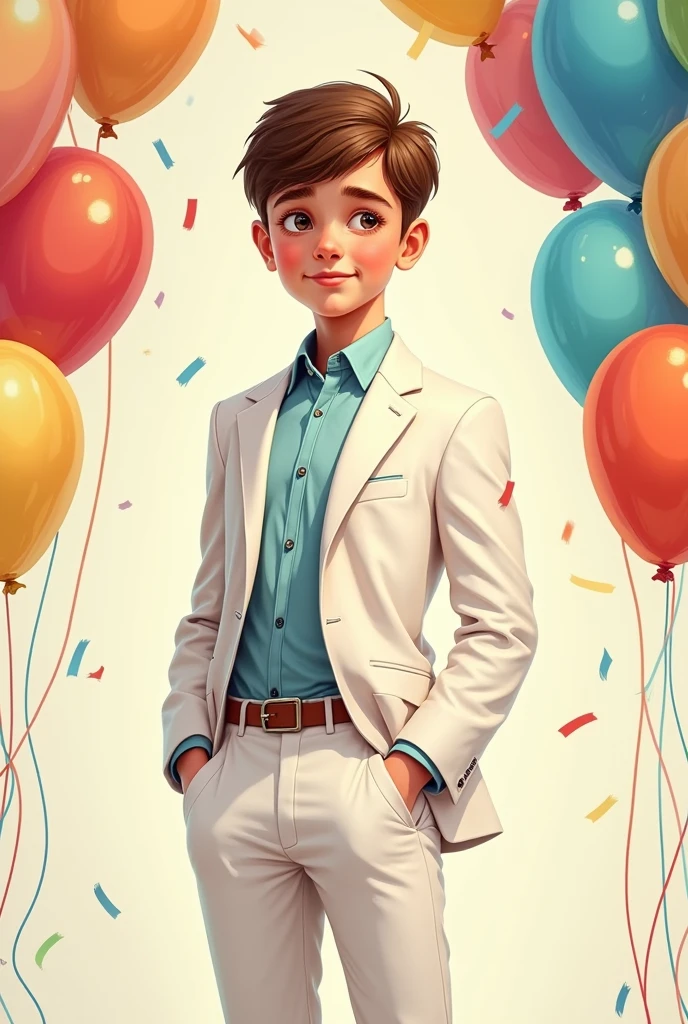 A birthday illustration of a boy wearing a white suit. The boy is posing coolly. There are many balloons flying in the background.