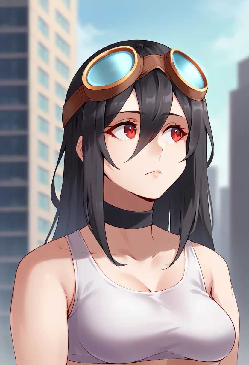 score_9, score_7_up, 1girl, solo, grace-howard-zzz, black hair, red eyes, hair between eyes, goggles on head, portrait, crop top, choker, city, depth of field, breasts, looking to the side,