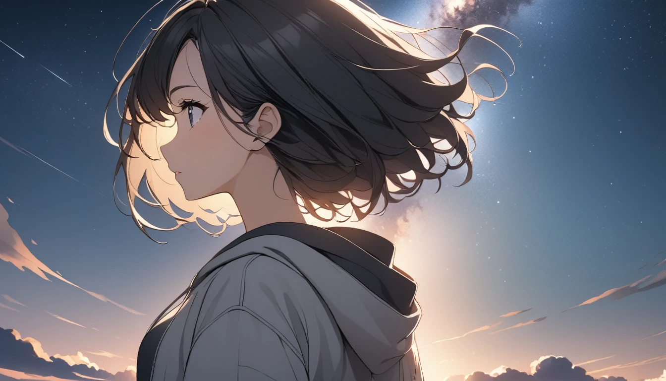 Starry Sky、milky way、One woman、Black Hair、Short Hair、Hair blowing in the wind、profile、Wearing a hoodie、Back view、Upper Body、Low - Angle