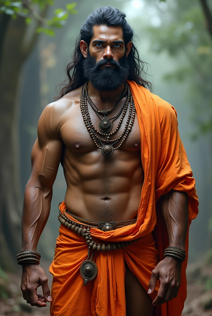 Create a lord Hanuman, Bajarangbali full HD powerful image. Blue eyes and six pack background blur. Full body Hanuman. Cloth orange color. Hanuman and monkey chik face mix. Gale mein Rudraksh and hand mein Rudraksh.
