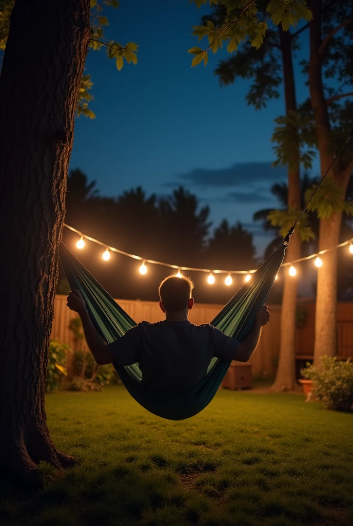 Man arriving at a hammock in his backyard at night