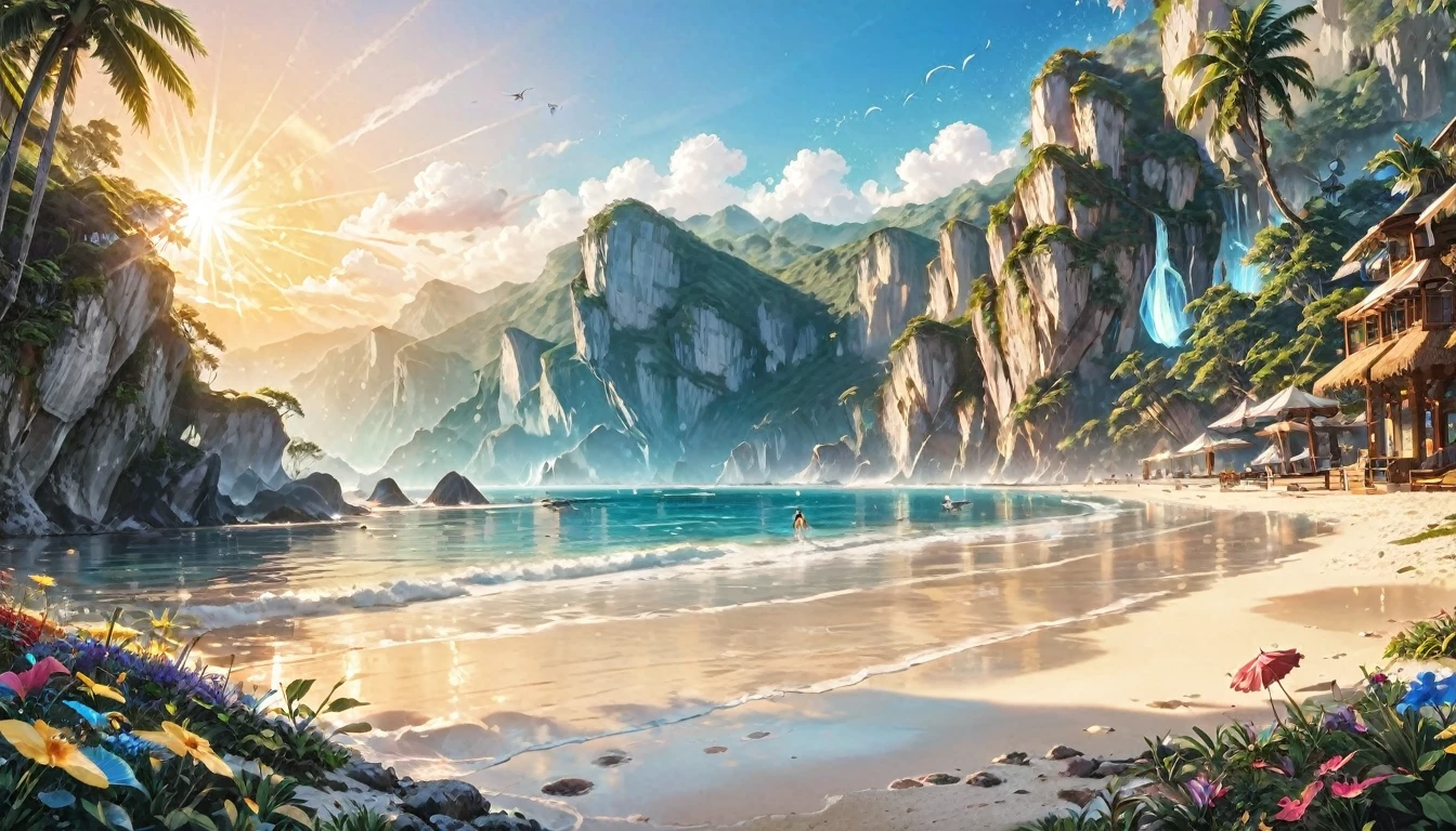 Sunset Beach、(ultra-Detailed Background, Detailed Background), Absurd, High resolution, Super detailed, Very detailed,Crystal Splash, shine,