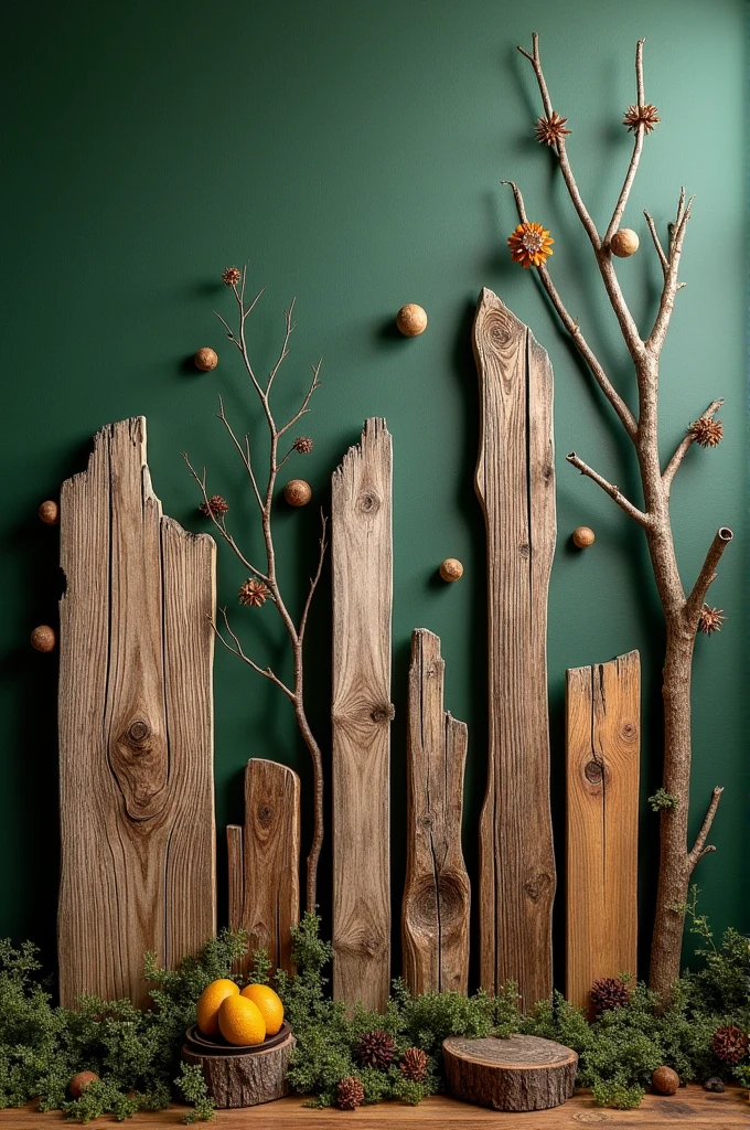 wood decoration ideas for wall with background of forest green colour