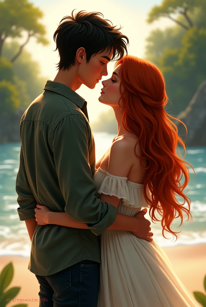 Back view of a couple, a tall black boy with dark hair and a girl with long red hair


