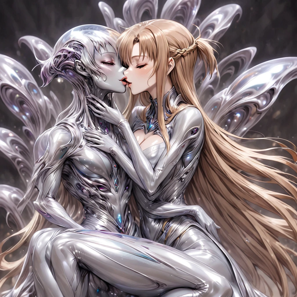 ((Highest quality)), ((masterpiece)), (detailed), （Perfect Face）、The woman is Yuuki Asuna, a completely metallic lifeform with metallic silver skin and face, and light brown metallic medium-long hair.、The woman is a metallic lifeform whose entire body and face are made of metal.、The king of the great male metallic lifeforms and the woman embrace, kiss, have sex, and make love.