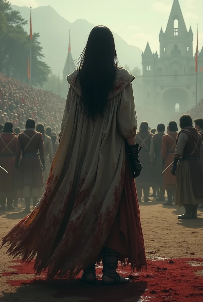 22 year old woman with long black hair, Dressed in a torn and bloody and ugly cloak, she stands with her back turned in the middle of a tournament field where everyone sees her., Realistic digital art, everyone looks at her