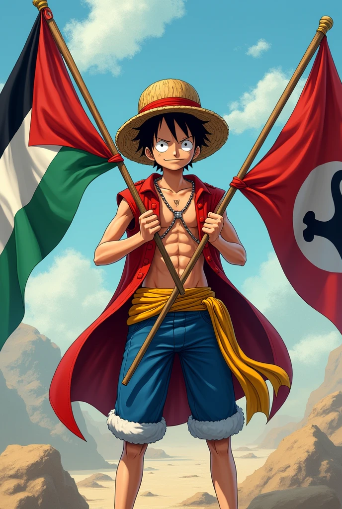 Luffy holds two flags, one of the world of Palestine and one with Ragnar's name on it.
