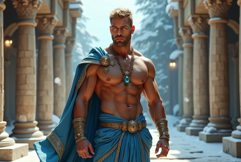 (man:1.5),1 man,male, muscle, 1 chico, muscle, pectoral, muscular, Mature man, 25 years,1 man,macho man,perfect body,an extremely delicate and beautiful detailed face,((by blond,cute hairstyle,short by blond)),(((blonde very short beard, blonde very short beard))), (((blue_eyes:1.3))),Intricate eyes,beautiful detailed eyes,symmetrical eyes,perfect face, cute hairstyle,perfect proportions, thick, ((detailed face)),macho man, (male Caucasian Prince),Prince, (((shiny skin:1.5,tanned skin,shiny skin: 1.5,tanned skin,shiny skin,very shiny skin,shiny body))),powerful,heroic,NSFW, Caucasian,elegant, (open to that, Arabic fashion,Arabic for that, Cowboys,White shirt, Masculine traits, modern style,Arabic clothing),(((blue toga, blue toga suit, wearing a blue toga:1.3,arab blue toga))),(arabic jewelry,Intricate necklace),((bulge in pants)),(((Intricate outfit,Intricate clothes,embellished suit))), (dynamic pose:1.0),ashamed,(centered,Scale to fit dimensions,rule of thirds), inside,interior,((room in a greek temple:1.3,columns of a greek temple:1.3)),scenery:1.25,((Intricate scenery)),((winter decorations)), (Bright winter decorations),High resolution,sharp focus,(ultra detailed,extremely detailed),(photorealistic artwork:1.37),(extremely detailed CG unity 8k wallpaper),(((vibrant colors,vibrant theme))),(Intricate),(masterpiece),(Best Quality),