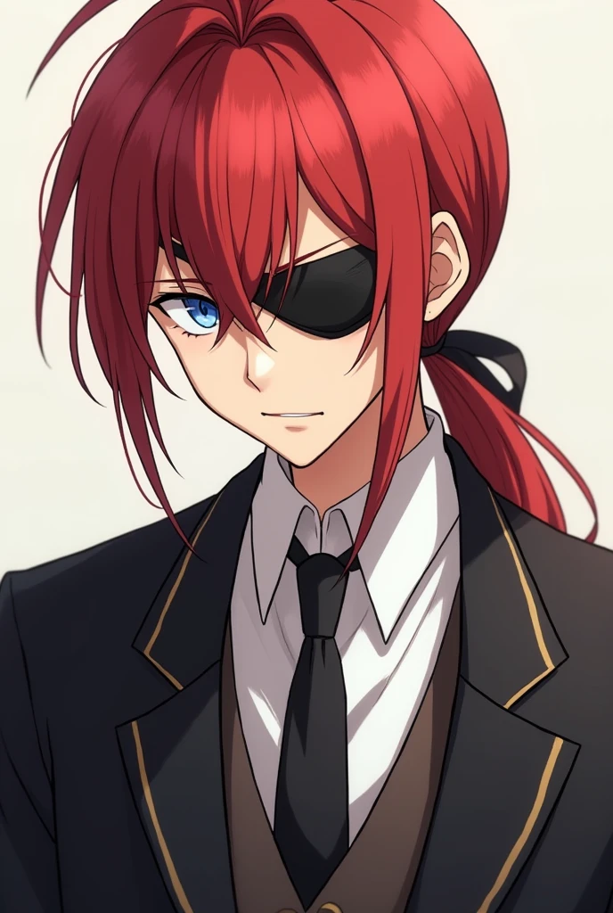 Draw a butler with red hair tied back and an eyepatch on one eye to make him more human, make him a young man with an eyepatch on only one eye, make him look more like an anime character, make him a young man around high school age, don't make him cute, he's a man