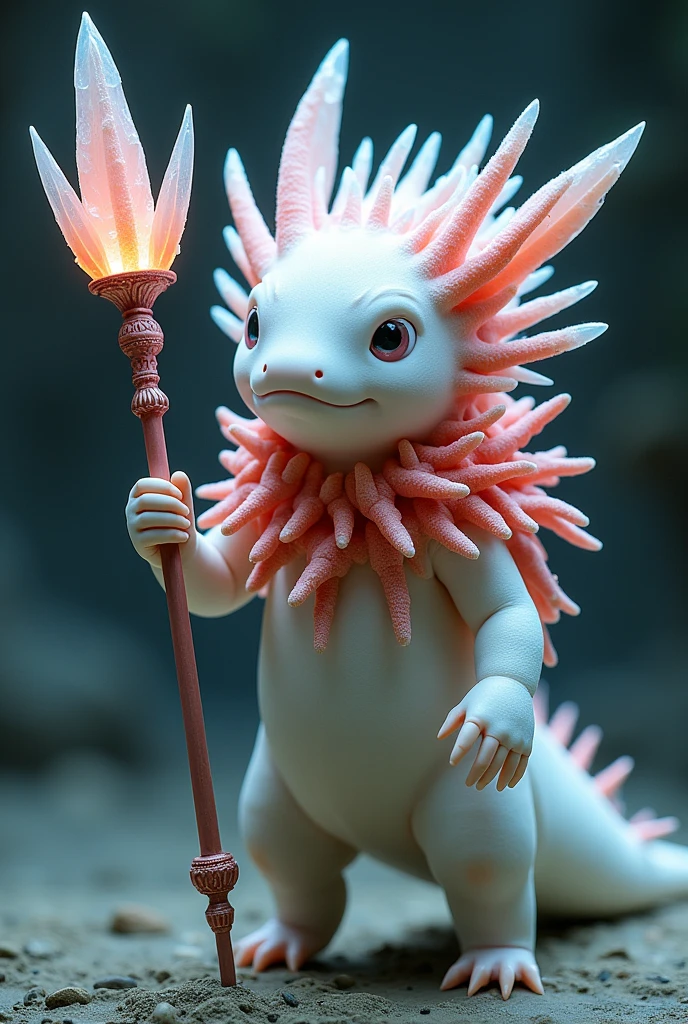 create a white axolotl wearing coral armor holding a trident of luminous crystals