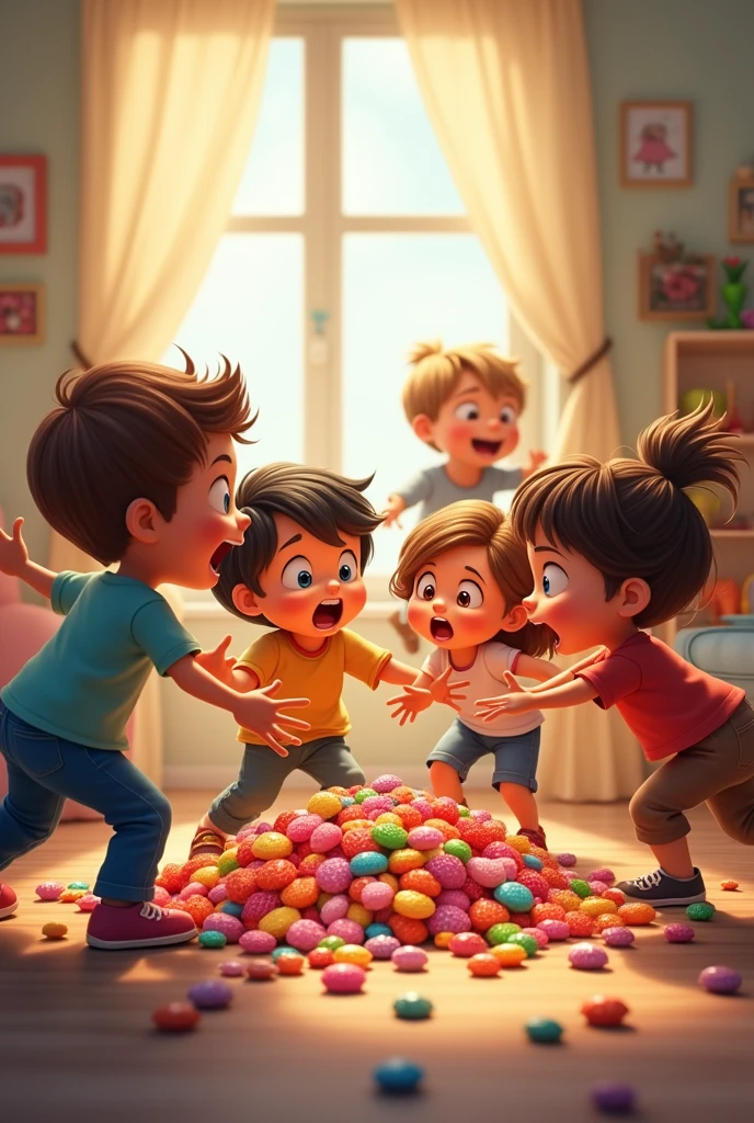 a young couple, boys and girls fight over candy