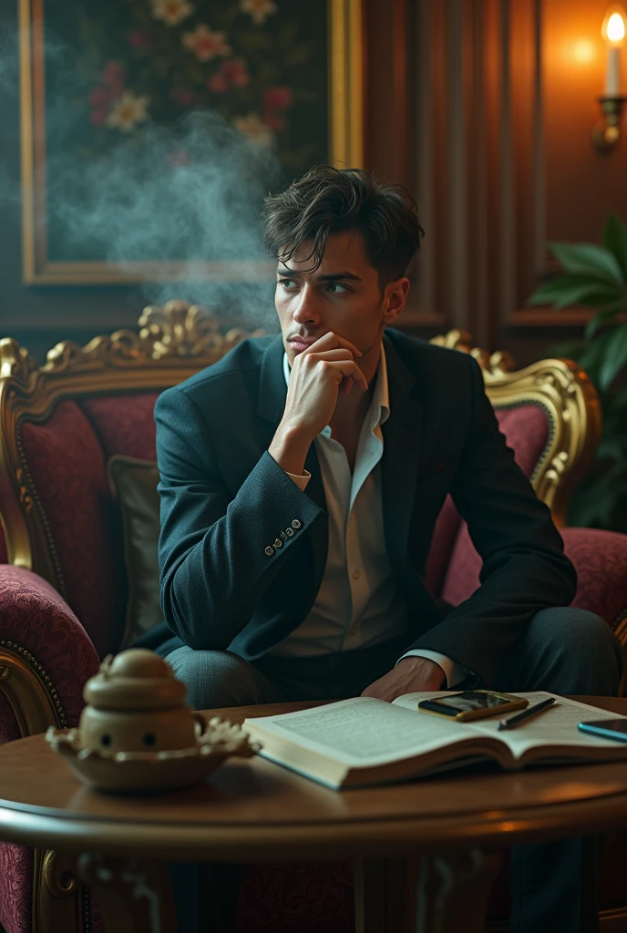 A luxury room and handsome sad boy smoking and table on weed