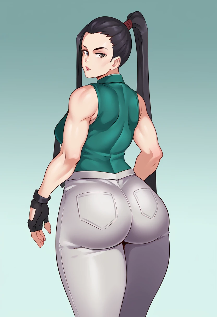 score_9, score_7_up, 1girl, solo,  defEve, black hair, long ponytail, necktie, green and white bodysuit, sleeveless, fingerless gloves, grey pants, ass, from behind, looking at viewer, looking back,