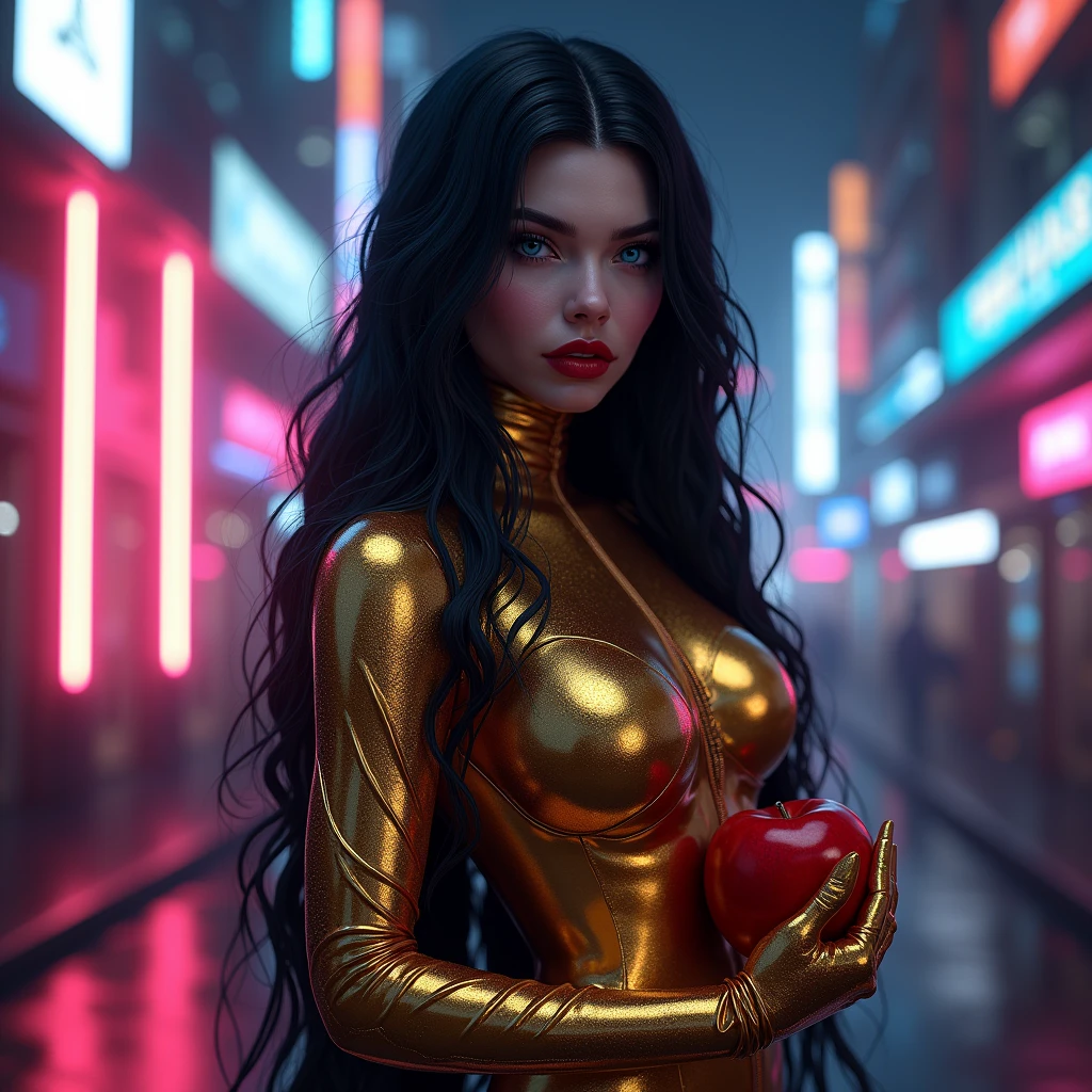 Girl macacão látex gold de frente de pé ,Black long hair，Black Queen，accessories，Apple in hand，Poison apples，Witch Queen，Red lipstick , Masterpiece, high quality, high resolution, volumetric lighting, subsurface scattering, 8k, Beautiful woman, (morena olho azul skin), neon sky,cidade futurista neon, látex transparente vermelho, (large butt), large breasts, (long-sleeve blouse), (cotton-shorts:1.2), wavy