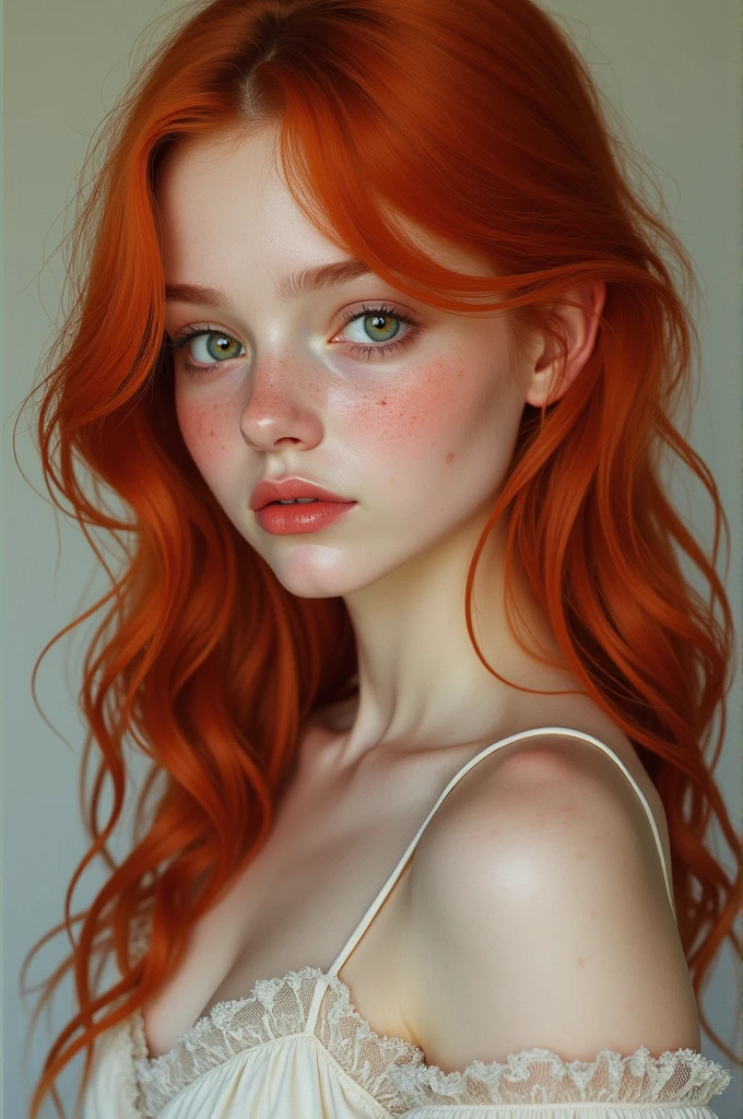 A teen girl with green eyes,red hair,white skin,freckles,thin face,big breasts