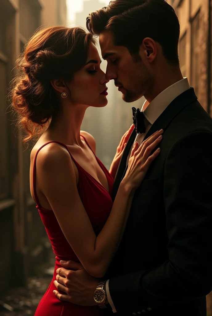 Generate me a couple in love with two mobsters, The woman is very beautiful, 25 years old and the man is 19 years old.