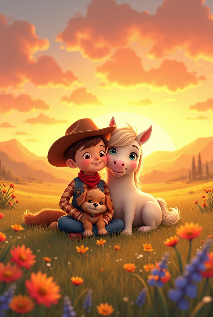 "A heartwarming illustration of Cow Boy, Rusty the puppy, and Star the pony all sitting together happily in a sunny meadow. The backdrop shows a colorful sunset over the prairie, and flowers bloom around them. At the top, it reads 'The End' in a cheerful font. At the bottom, it says 'Thank you for reading!' in a friendly, welcoming font."
