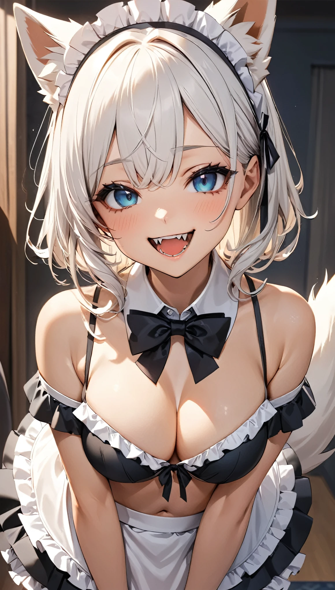 (Highest quality:1.2, Attention to detail, masterpiece:1.2, Best aesthetics), (1 girl),Random Pause, dog_ear, dog_tail, smile, White Hair, Beautiful eyes, Cute face, Open your mouth, Show your fangs:1.2, Split collar, bow tie, Maid clothes, Bikini-style outfit, Off the shoulder, Ruffled bikini top, Frilled Skirt.