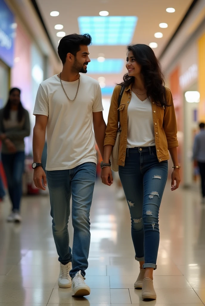 A boy age 27 south India from andhrapradesh wear jeans and t-shirt dusky skin and there was a girl age 25 north India from mumbai looks very modern she wears western dress looks very beautiful and active. Both are went to shopping mall.