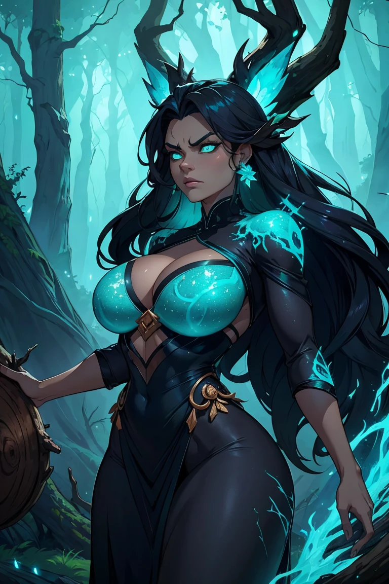 Maokai if he were a woman in life, treant, dark islands, mist, clothing with wood, tree branch on it, wooden ornament, blue aura, nature spirit, consumed by anger, embodies vengeance, wicked, angry face, glittering turquoise eyes, black outfit with turquoise sparkles