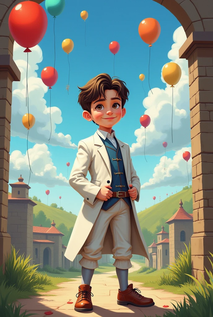 Illustration of a boy's birthday, featuring a knight in a white suit. Medieval British feel. The boy is posing coolly. There are lots of balloons flying in the background.
