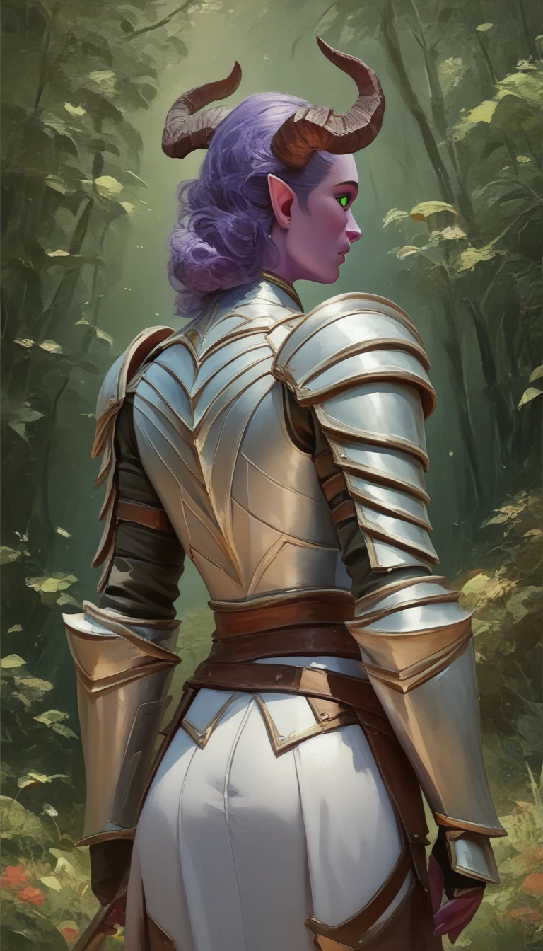 A fat purple-skinned tiefling female，Brown horns，Purple hair，Green eyes，3/4. Body，Behind it is a wood，Warrior Outfit，Red and white armor