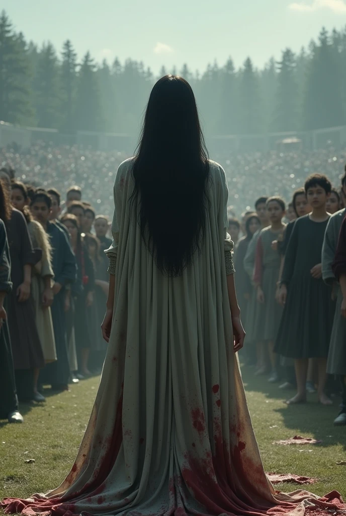 22 year old woman with long black hair, Dressed in a torn and bloody and ugly cloak, she stands with her back turned in the middle of a tournament field where everyone sees her., Realistic digital art, everyone looks at her