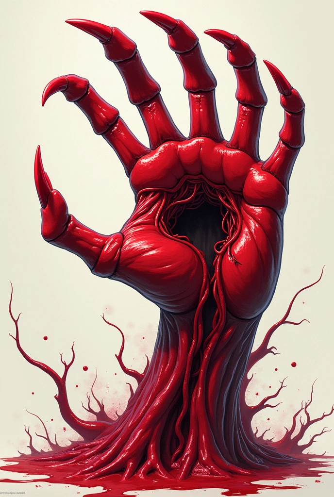 Scarlet blood claws in a hand covered in live flesh and muscles, anime style