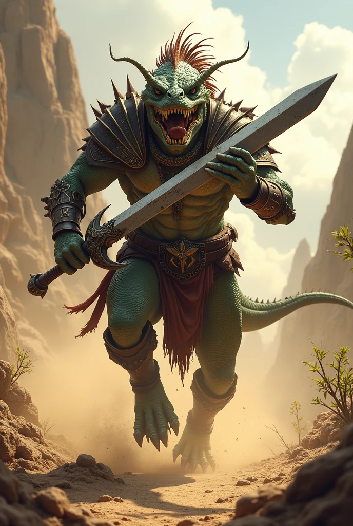 Armored, sword-wielding, charging lizardman