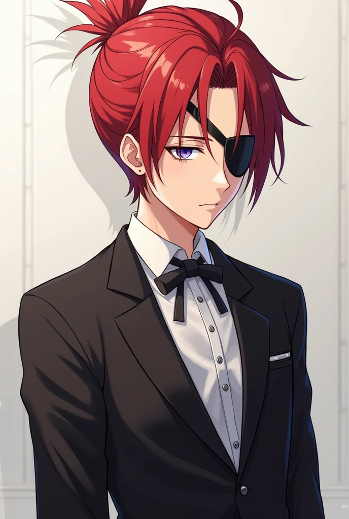 Draw a butler with red hair tied back and an eyepatch on one eye to make him more human, make him a young man with an eyepatch on only one eye, make him look more like an anime character, make him a young man around high school age, don't make him cute, he's a man, it looks good, just cut his hair a little shorter