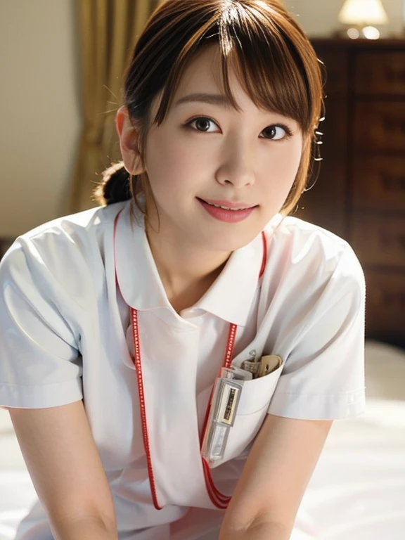 (Masterpiece, Best quality:1.4), (Ultra realistic, Photo-realistic:1.2), Full body, Natural light, 25 years old actress, Japanese women, Neat and clean, (White nurse uniform:1.1), Short ponytail, Short wavy hair, Light brown hair color, (Beautiful Face), Oval face, clear, (Beautiful eyes, Kind eyes), (Clear skin), Small face, (Small mouth, Beautiful mouth), Natural makeup, Approachable, Luxury hotel Suite room, On bed, Seductive smile, (Seductive pose:1.2), Beautiful thighs, Bedroom eyes,