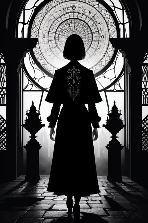 Lovecraft, ink art, pen and ink, (Best Quality, masutepiece:1.2),(black and white comic core:1.1),(extreme high contrast), 8K, SILHOUETTE, Dark ink, 1 beautiful girl, victorian_gothic_costume, bob_cut_hair, bangs, (Beautiful Hands), Very_beautiful_face, very_beautiful_eyes, even_eyes, ruins, Apocalypse, A walking big creature in the background, Seven trumpets, Surrealist art , dream-like, Mysterious, Provocative, symbolic, Complex