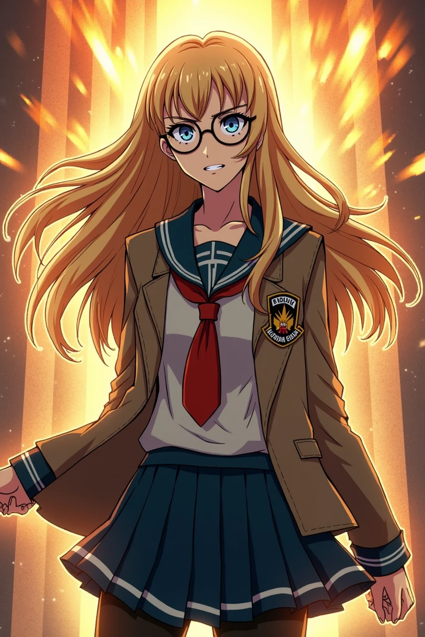 Umas mulher de My Hero academia, blonde, long  hair, Wears round glasses, thin and black, blue colored eyes, U school uniform.a, stressed as hell, individuality: explosive letters, with scars, tall and without a childish face
